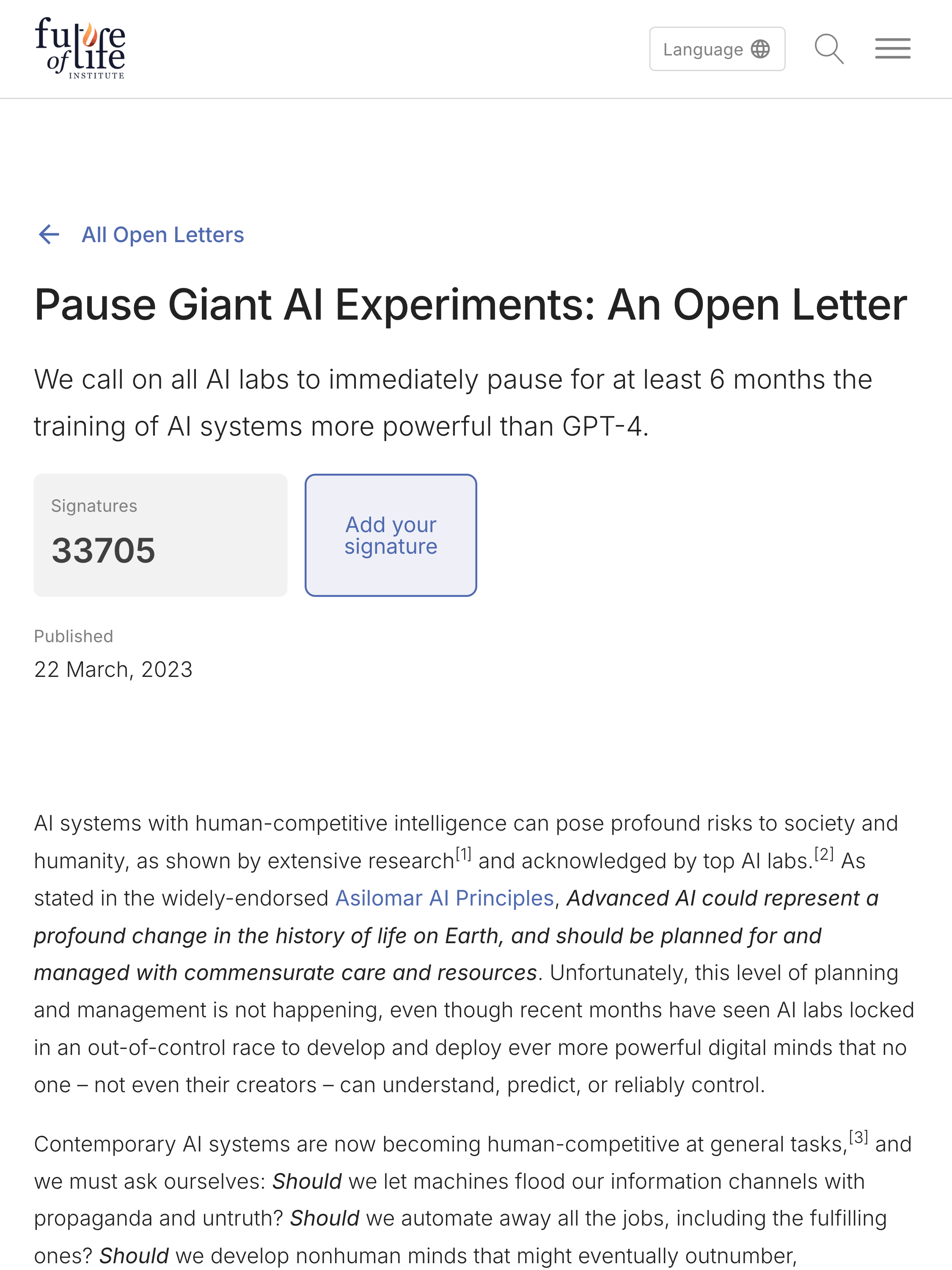 Future of Life Institute open letter calling for a six-month pause on AI development, signed by over 33,000 researchers